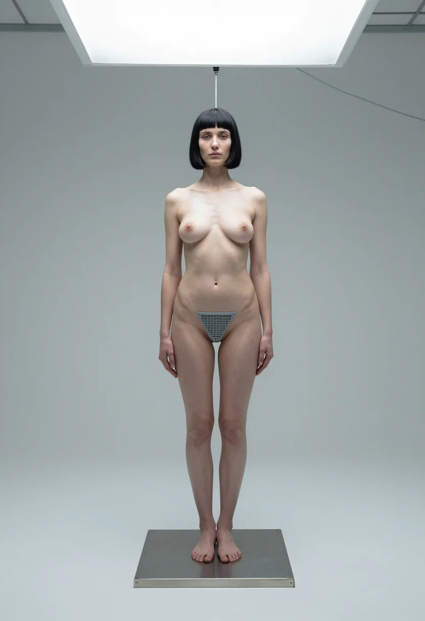 AI android assembly sample — photograph of a grown woman, Western-European, with cool por