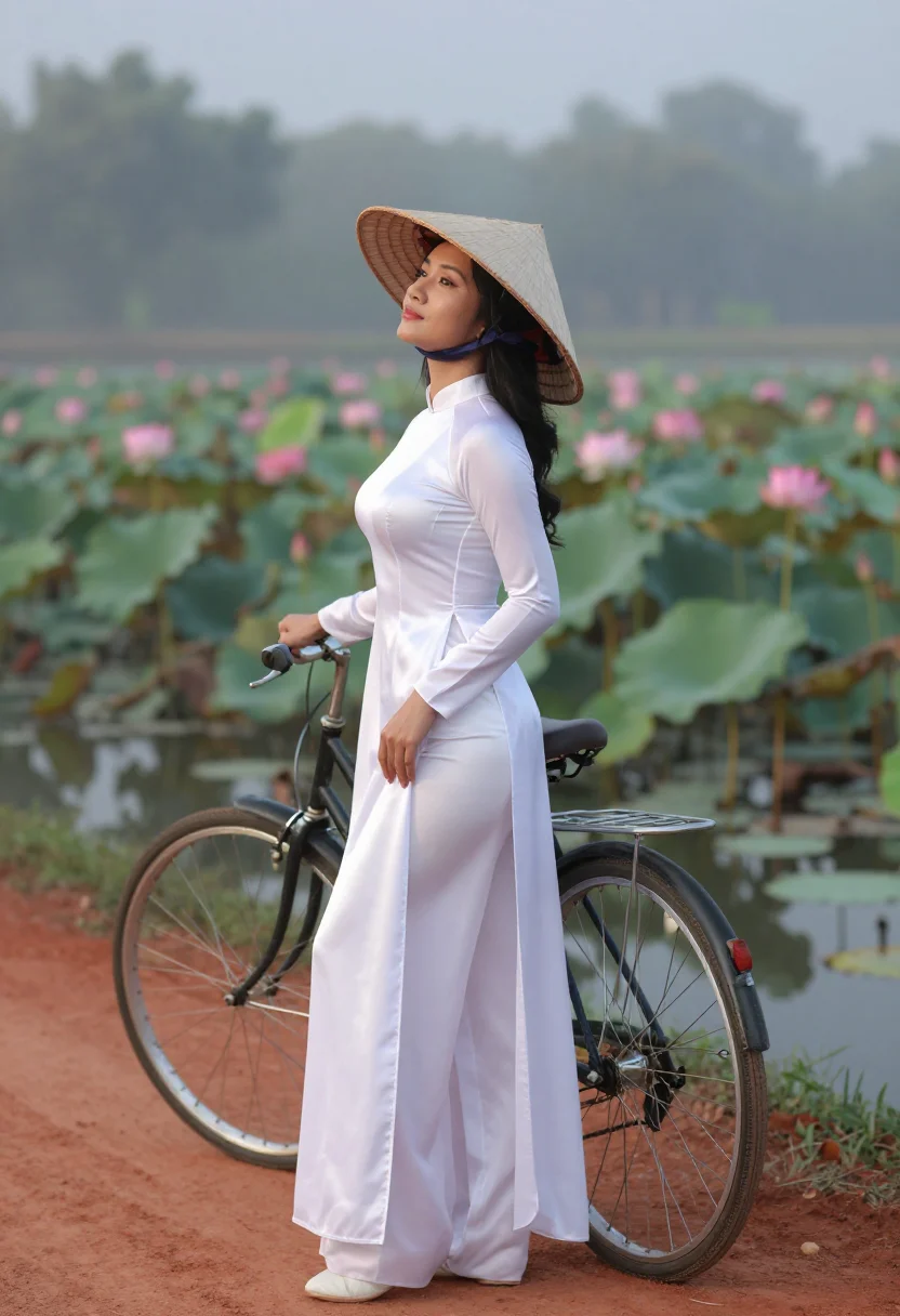 AI ao dai sample — photograph of a grown woman, Vietnamese, with pale golden sk