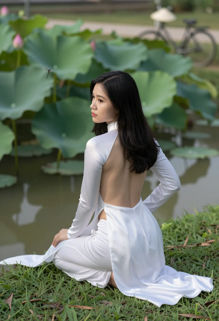 AI ao dai sample — photograph of a grown woman, Vietnamese, with pale golden sk