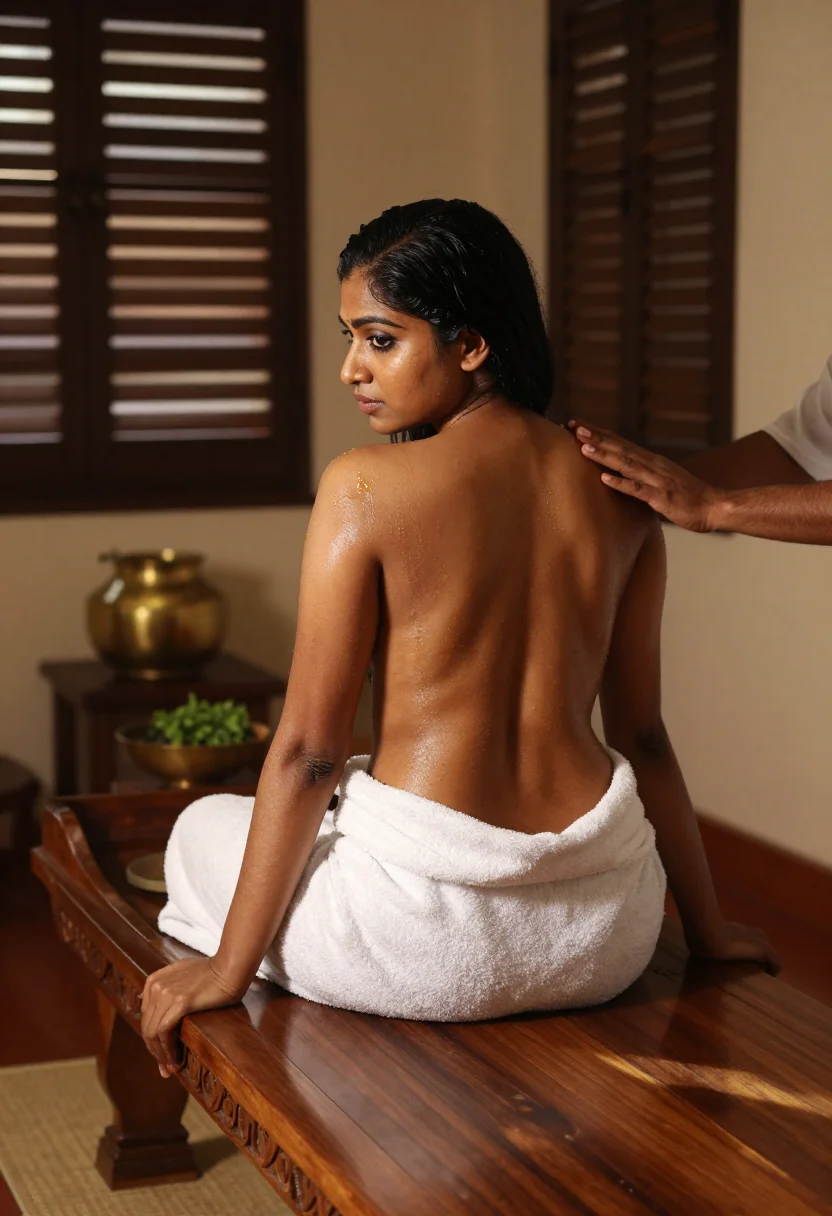 AI ayurveda oil sample — photograph of a grown woman, South-Asian, with warm brown sk