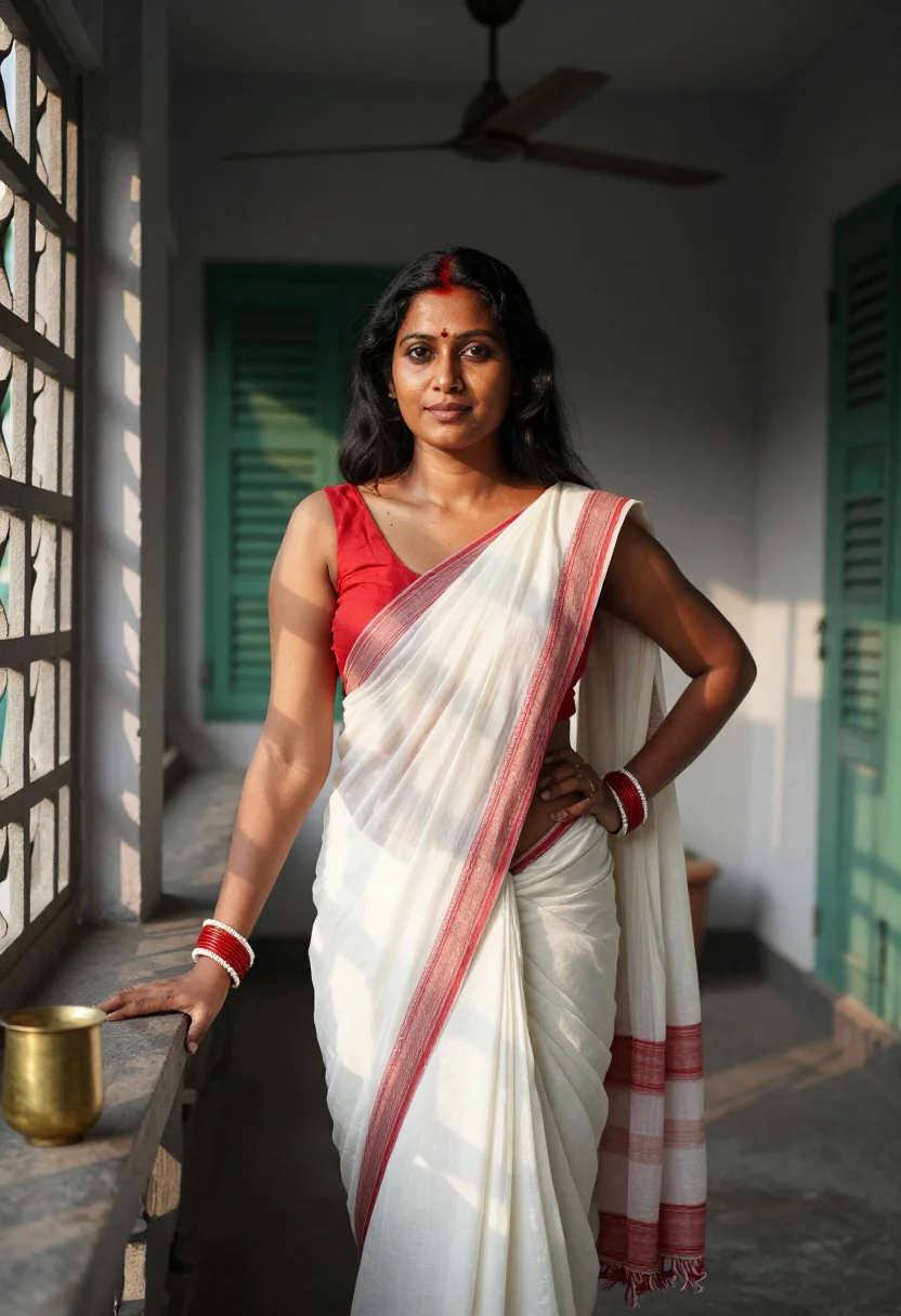 AI bengali boudi sample — photograph of a grown woman, Bengali, with warm brown skin,