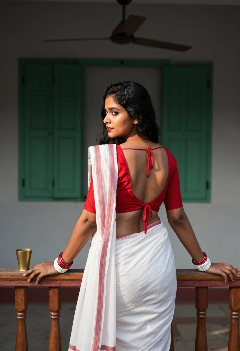 AI bengali boudi sample — photograph of a grown woman, Bengali, with warm brown skin, 