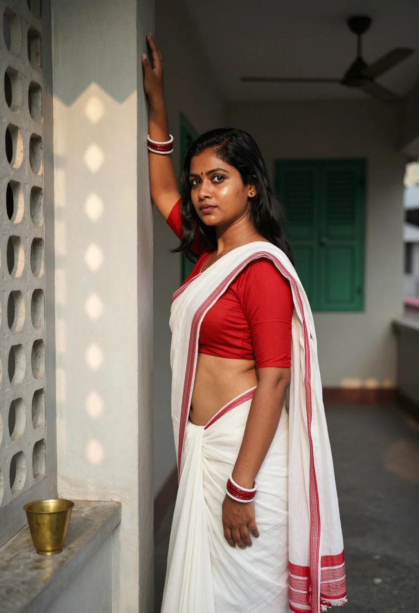 AI bengali boudi sample — photograph of a grown woman, Bengali, with warm brown skin, 