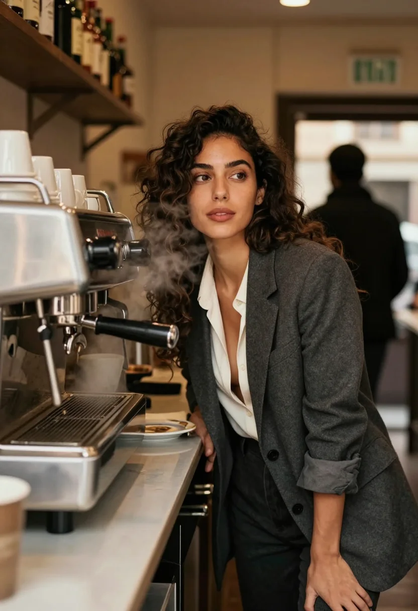 AI cafe sample — Photograph of a grown woman, Moroccan-French, with warm bron