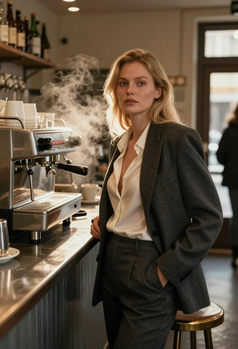 AI cafe sample — Photograph of a grown woman, Danish, with pale skin and long