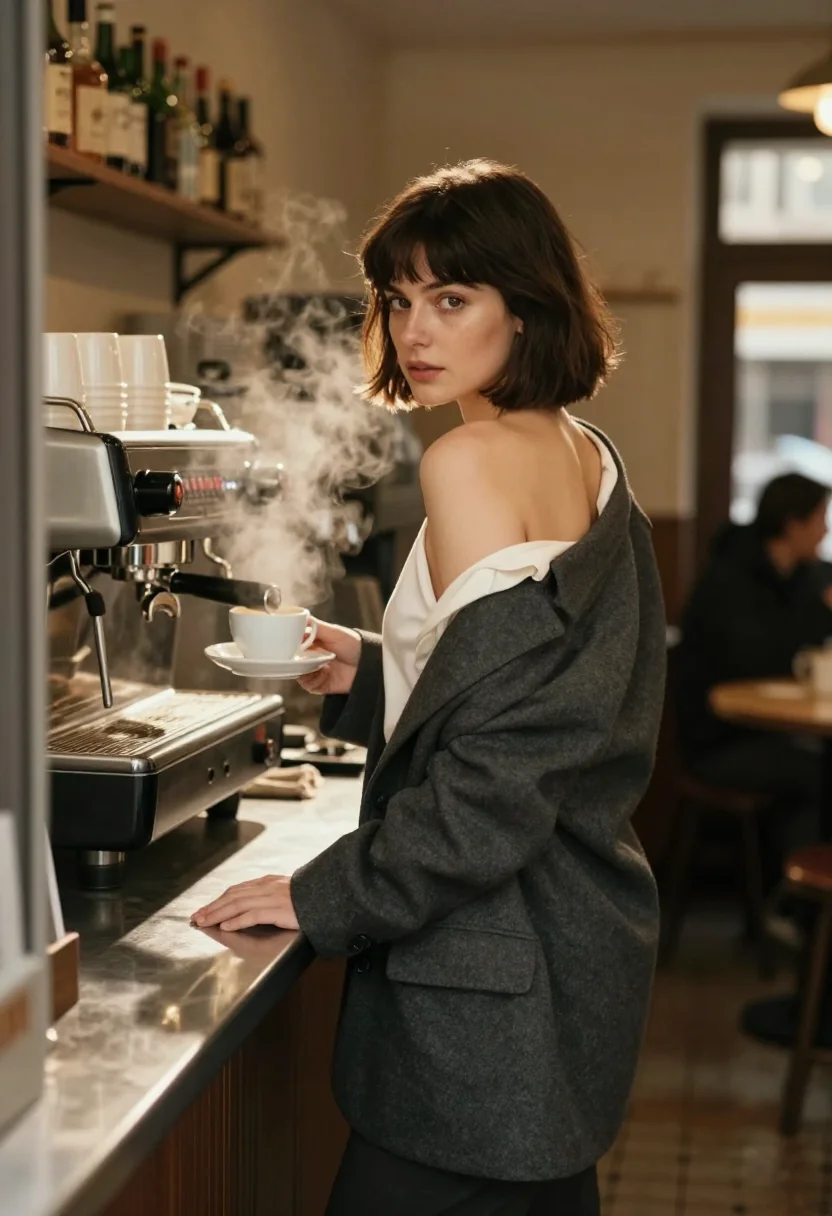 AI cafe sample — Photograph of a grown woman, French, with fair skin and a bl
