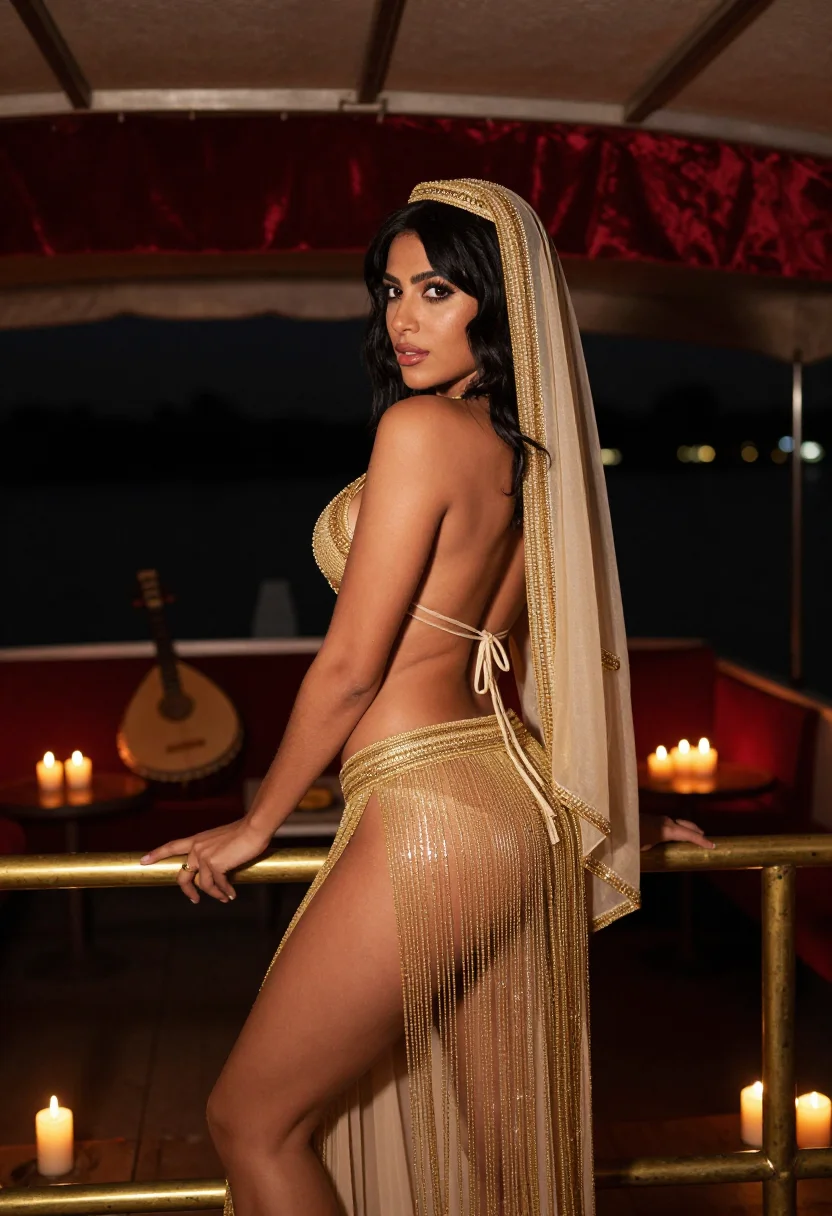 AI cairo cabaret sample — photograph of a grown woman, Egyptian, with warm olive skin,