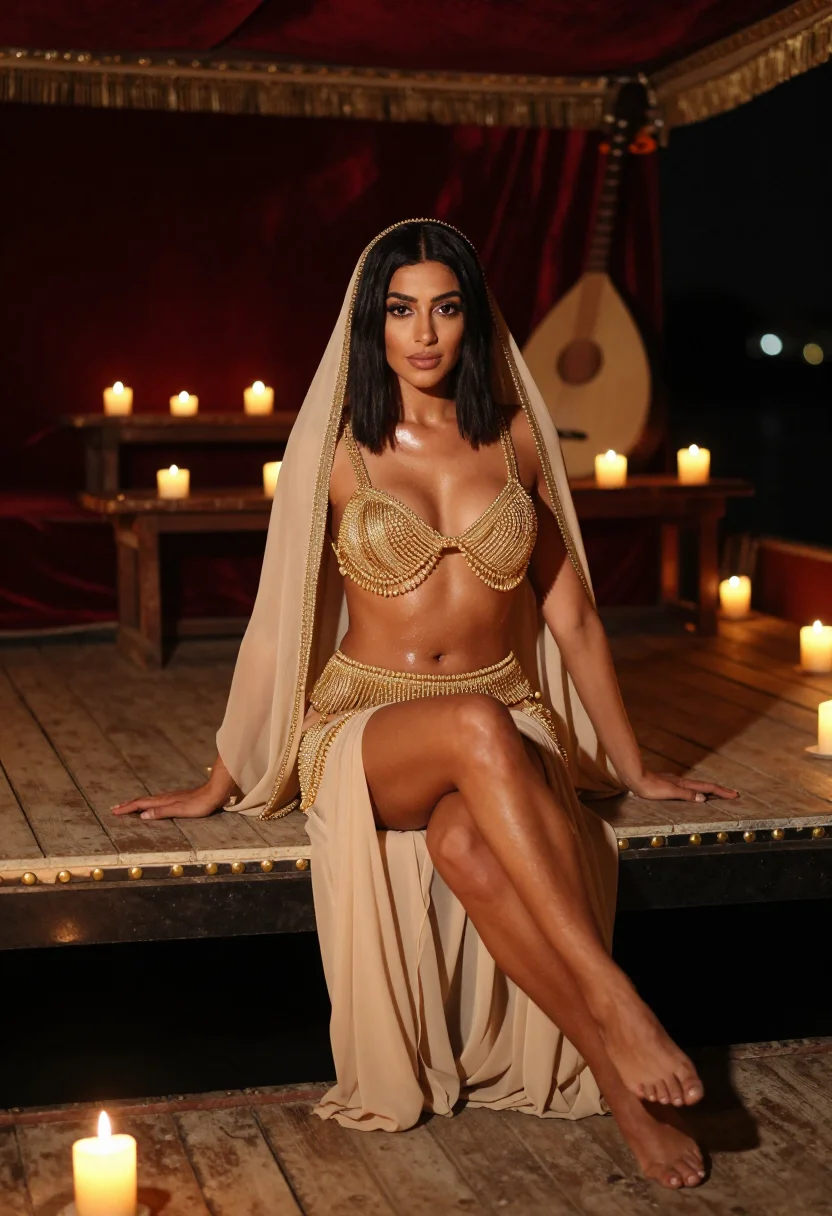 AI cairo cabaret sample — photograph of a grown woman, Egyptian, with warm olive skin,