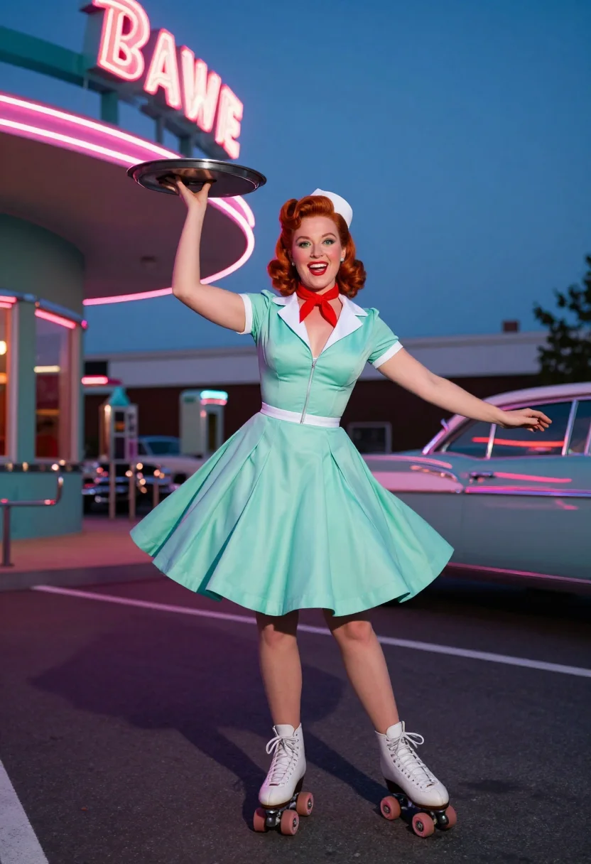 AI carhop sample — photograph of a woman, full-length view of a 1950s pin-up re