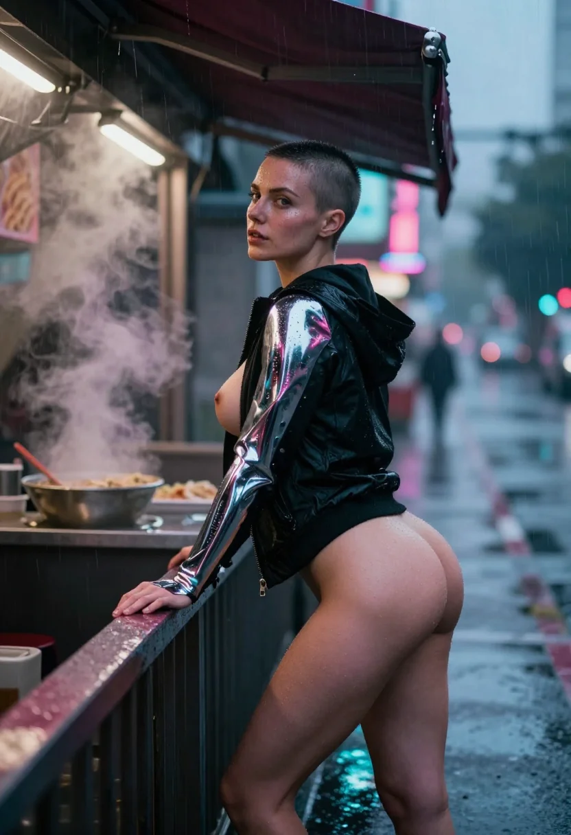 AI cyborg alley sample — photograph of a grown woman, Western-European, with pale ski