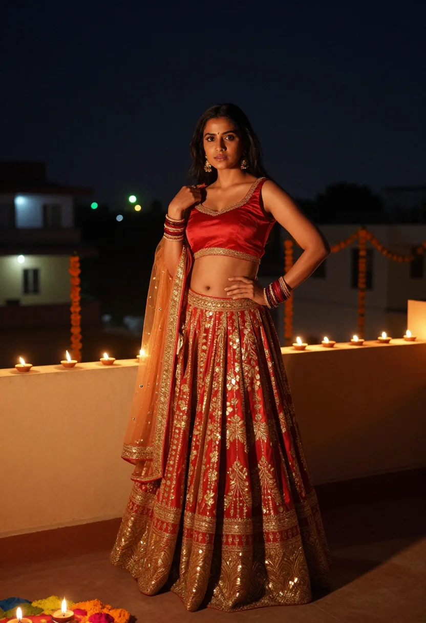 AI diwali lights sample — photograph of a grown woman, South-Asian, with warm brown sk