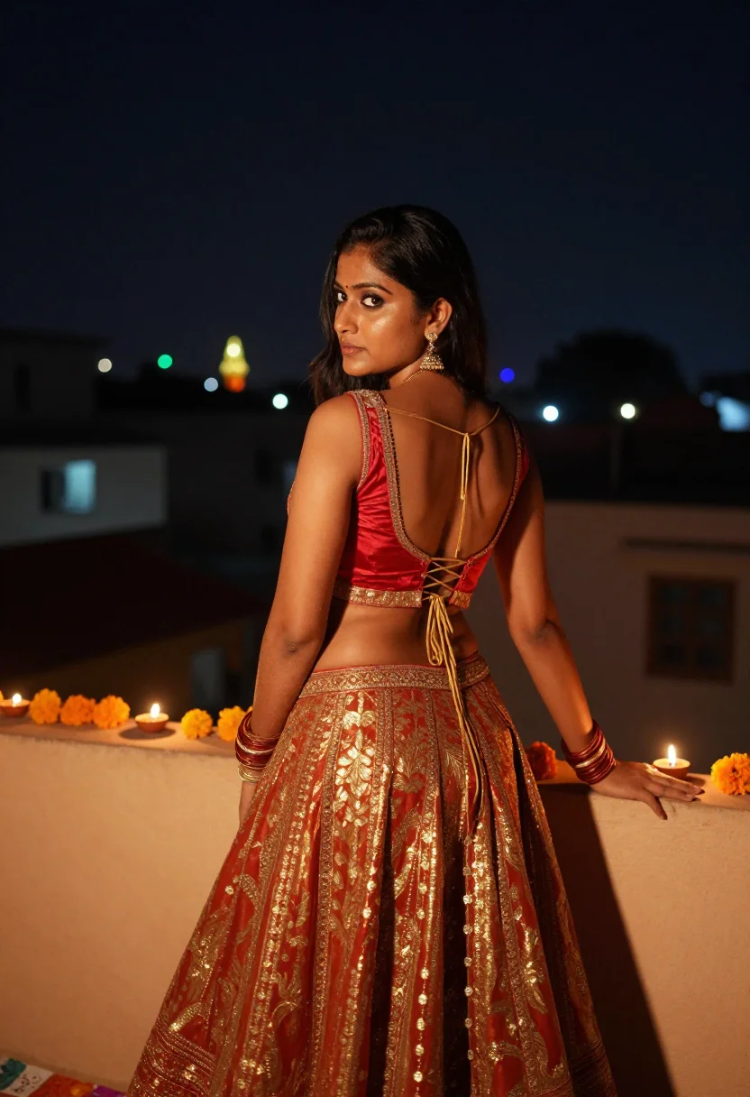 AI diwali lights sample — photograph of a grown woman, South-Asian, with warm brown sk