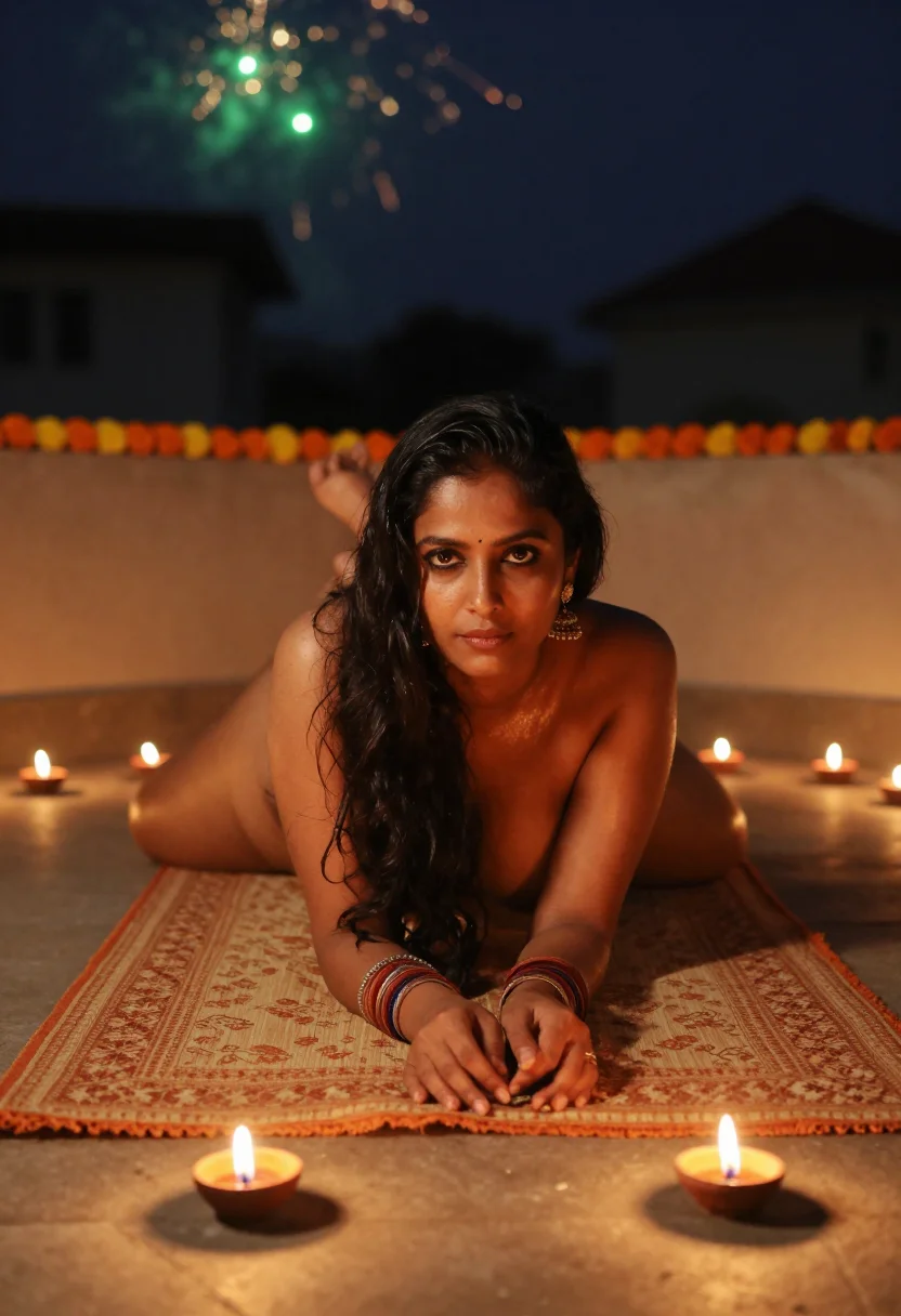 AI diwali lights sample — photograph of a grown woman, South-Asian, with warm brown sk