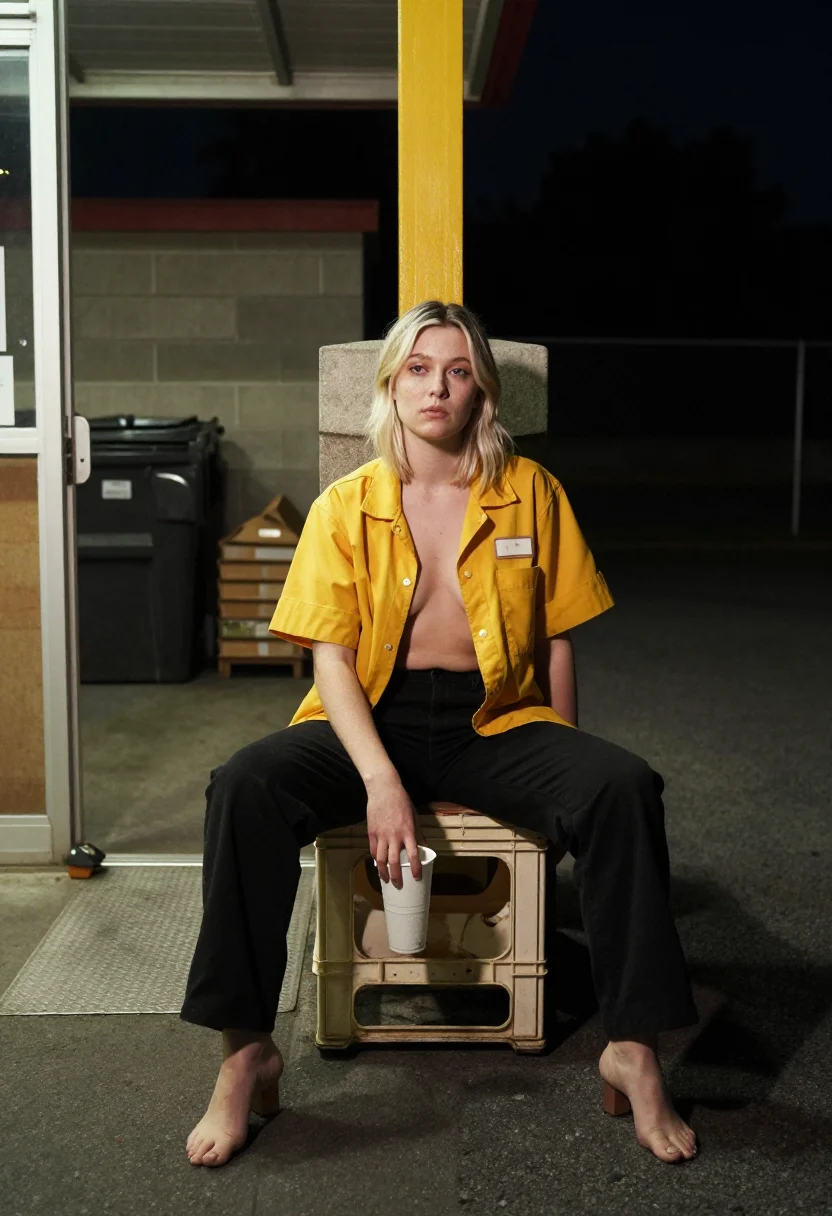 AI drive thru sample — unstyled candid photograph on a fast-food night shift, a whi