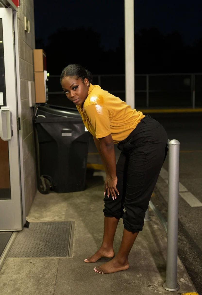 AI drive thru sample — unstyled candid photograph on a fast-food night shift, a Bla