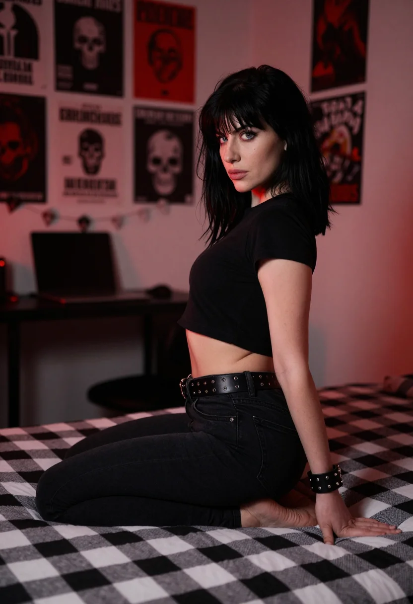 AI emo bedroom sample — photograph of a grown woman, Western-European, with pale ski