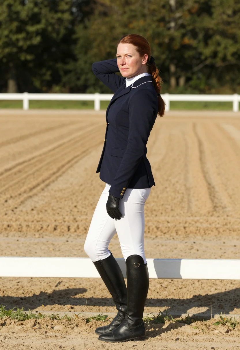 AI equestrienne sample — photographic portrait of an adult woman, shot three-quarter 