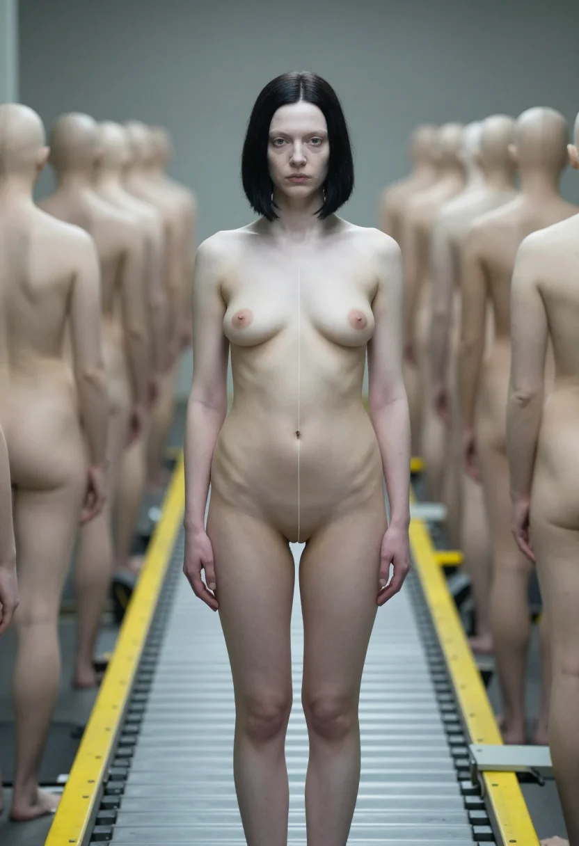 AI factory line sample — photograph of a grown woman, Western-European, with pale mat