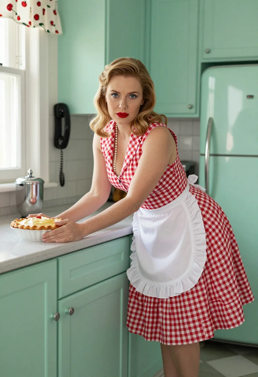 AI fifties housewife sample — photograph of a grown woman, Western-European, with pale ski
