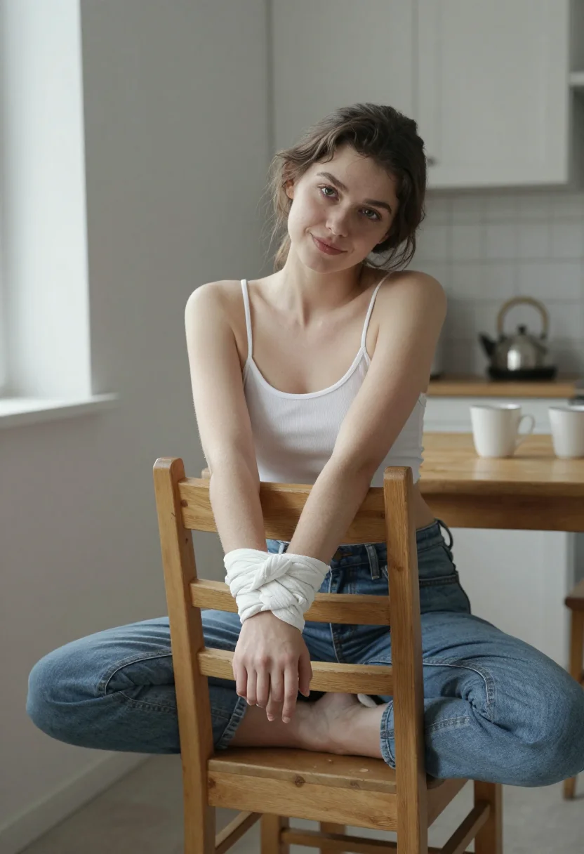AI necktie and sash sample — muse in a white shirt on a pine kitchen chair, broad daylight