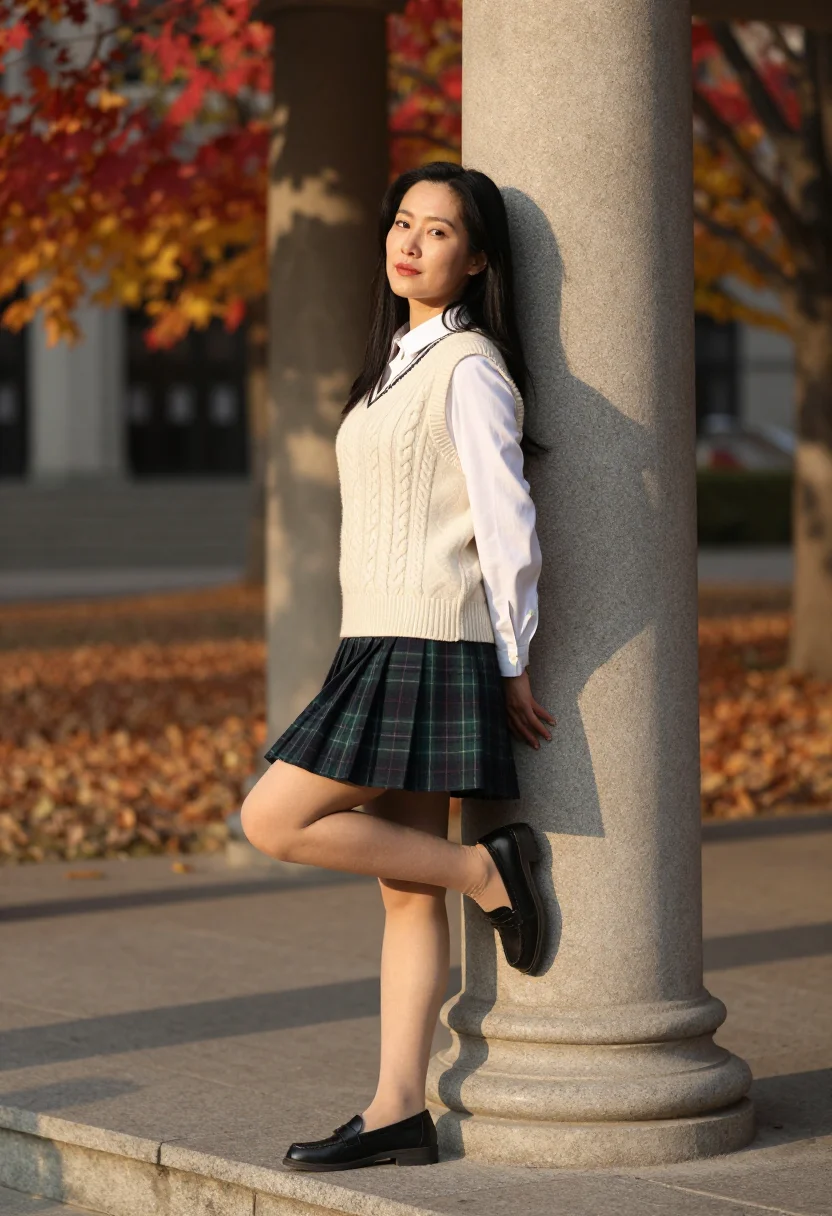 AI ivy campus sample — photograph of a grown woman, Korean-American, with warm ivor