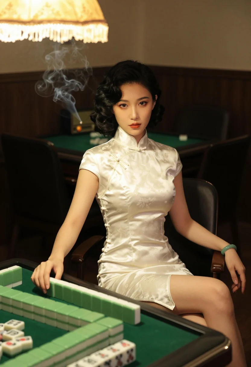 AI mahjong parlour sample — half-length portrait of a Shanghainese woman in pale silk at the table