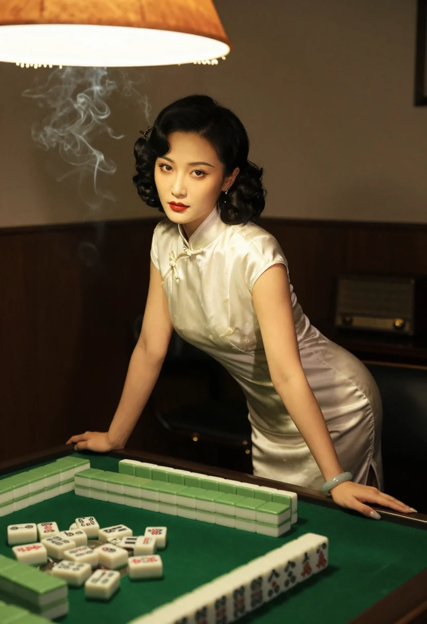AI mahjong parlour sample — half-length portrait, jade bangle, tiles under lamp light