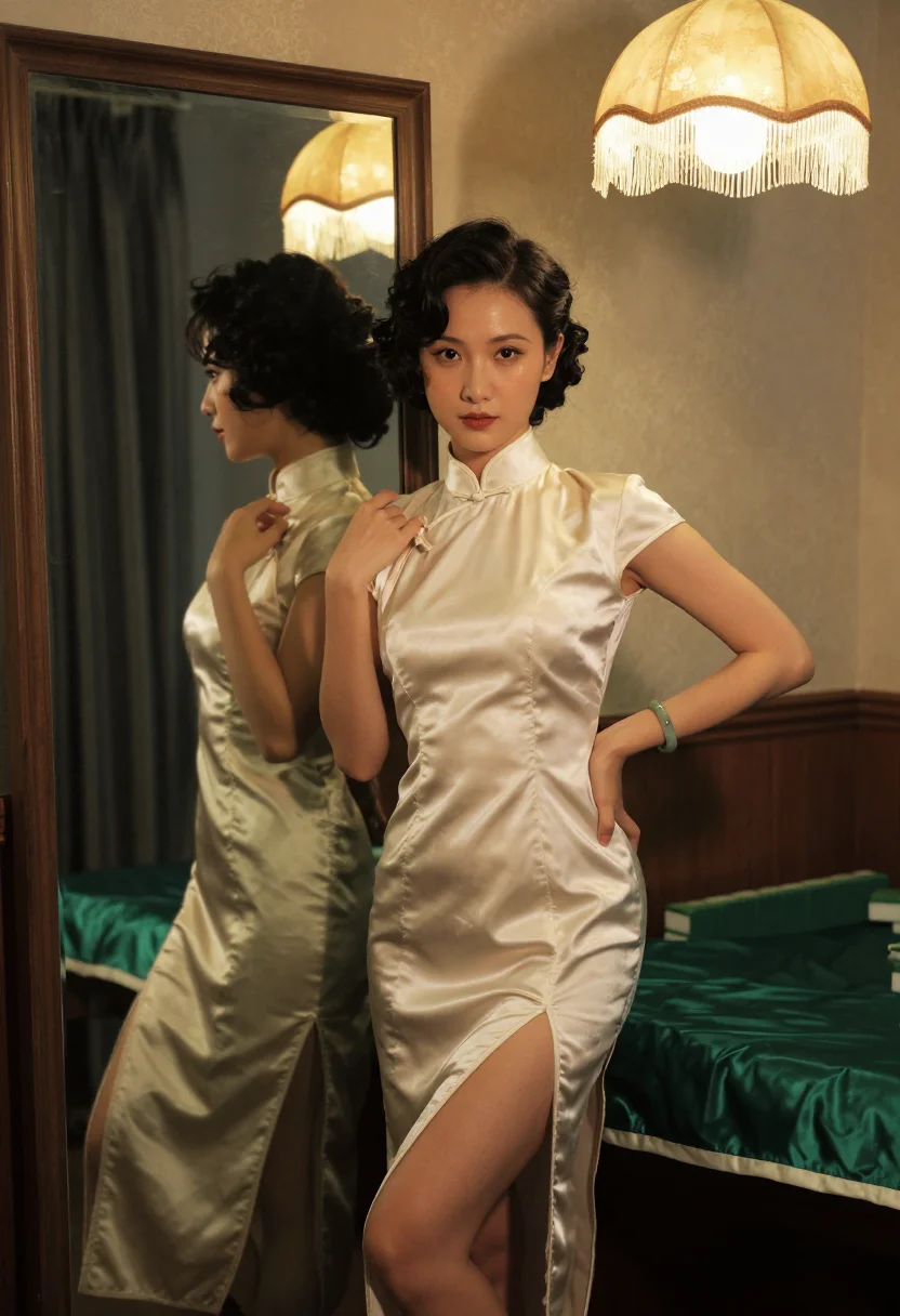 AI mahjong parlour sample — three-quarter portrait at the back-room mirror, cheongsam collar