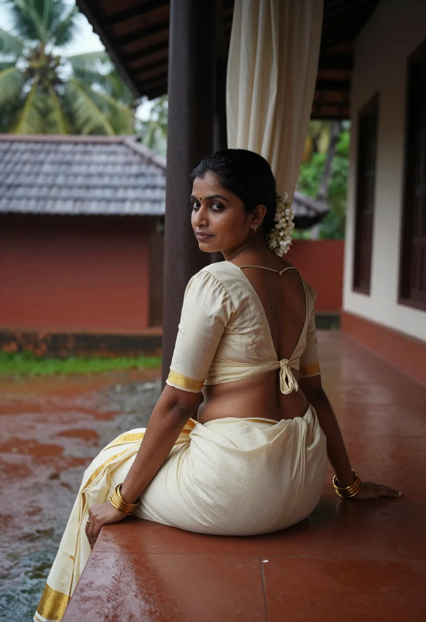 AI Kerala household sample — muse in kasavu sari at monsoon dusk, warm brown skin, oiled hair
