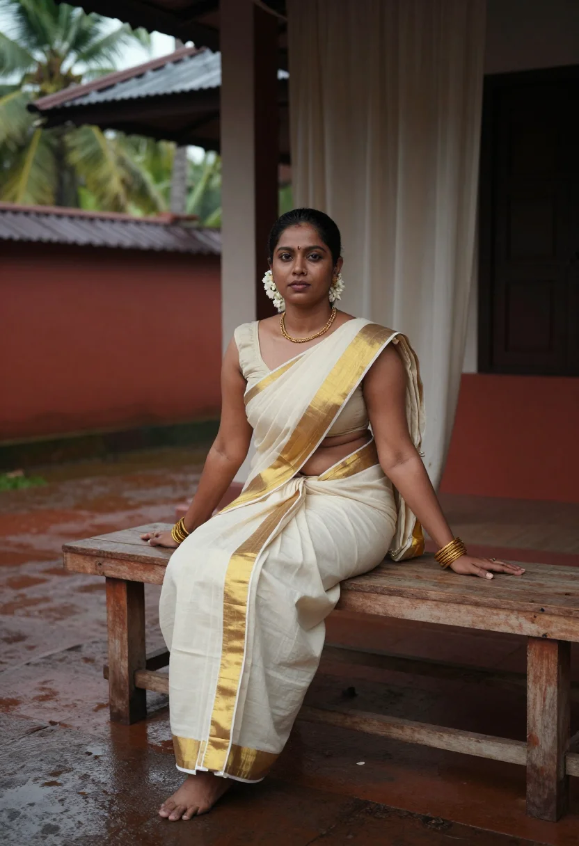 AI Kerala household sample — muse on the veranda, pale golden-brown skin, oiled hair