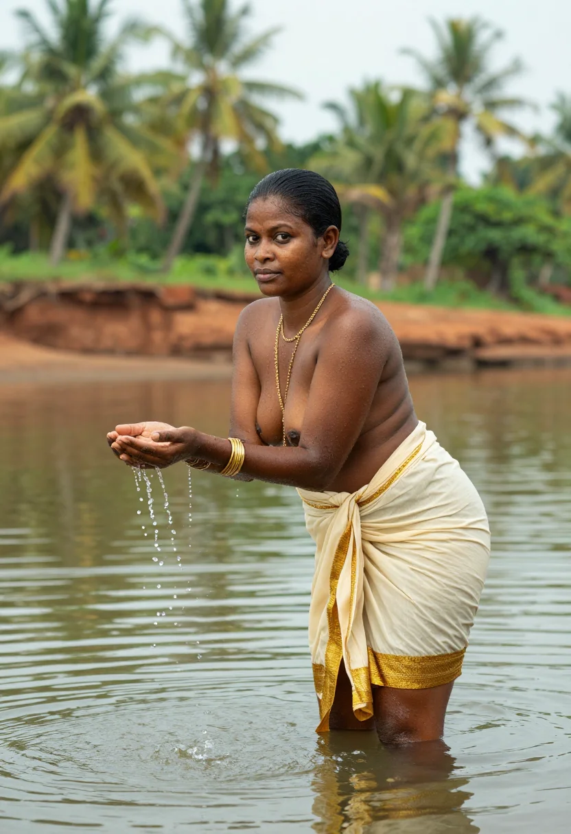 AI Kerala household sample — muse at the backwater ghat, warm brown skin, oiled hair