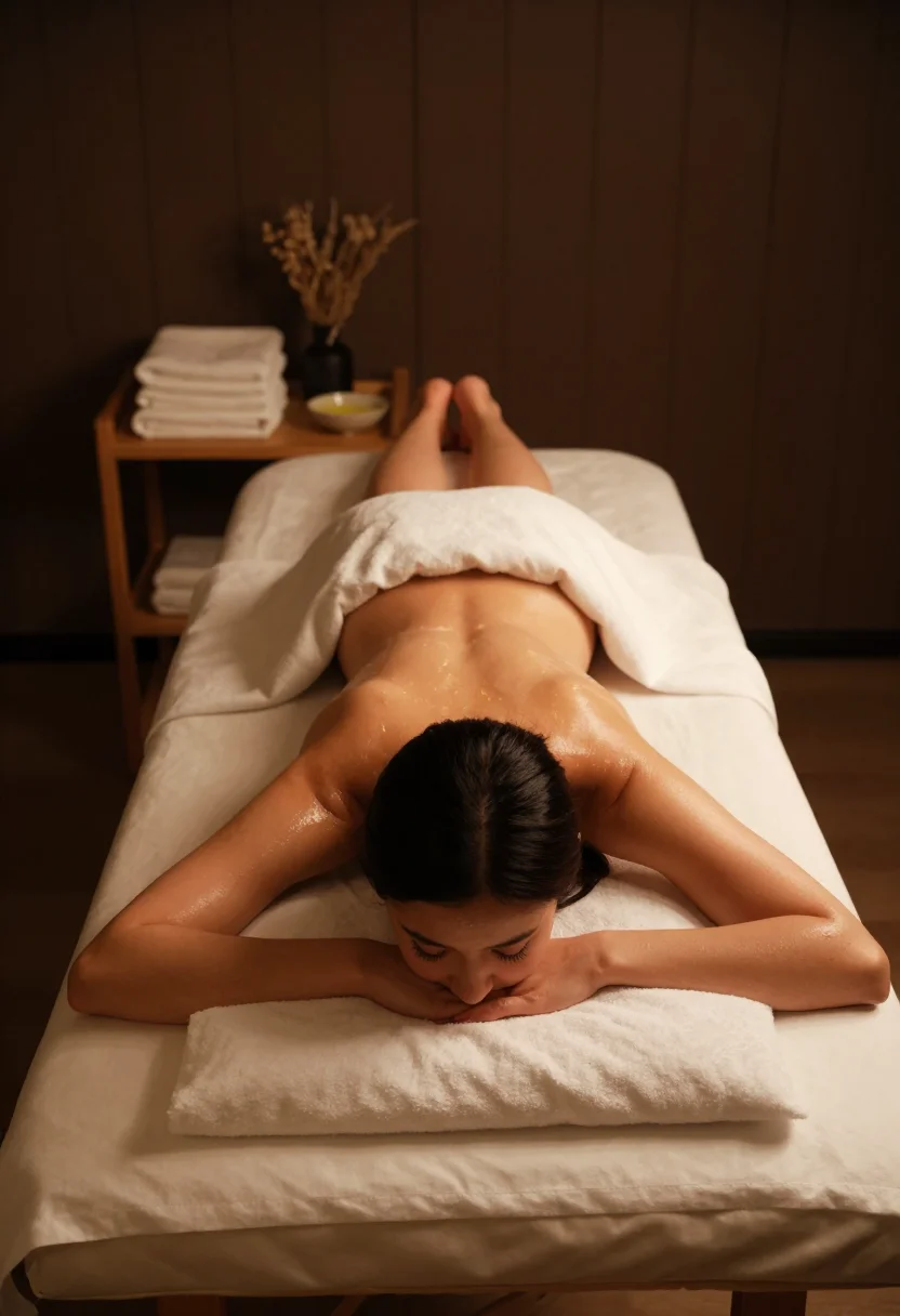 AI massage table sample — oiled skin under low candlelight, face-down on the table
