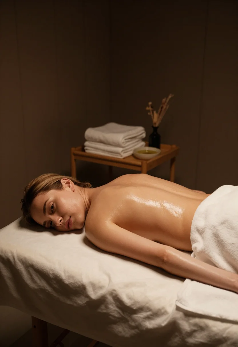 AI massage table sample — drape settled low across the back, oil sheen