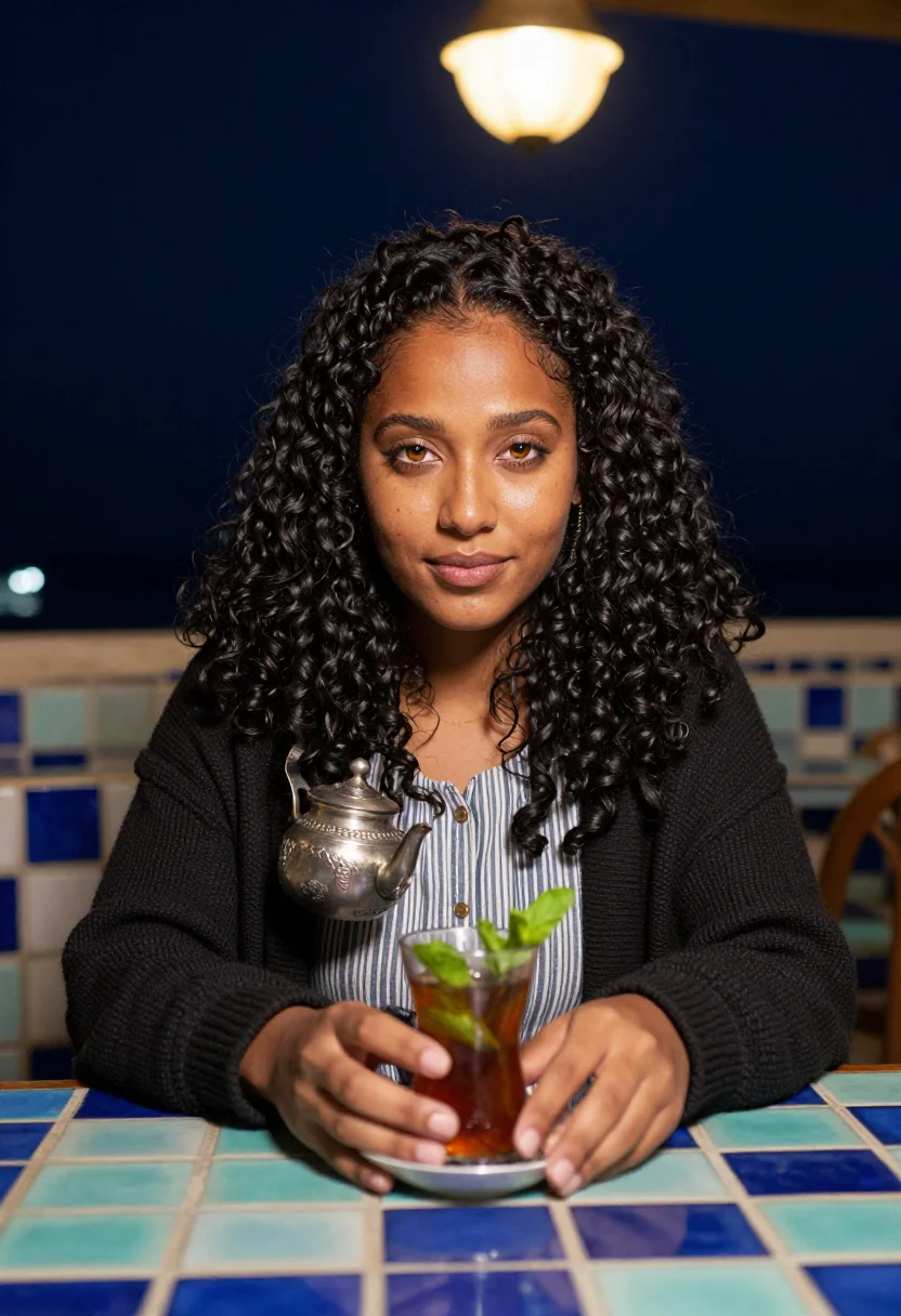 Rania at a tiled café table at night with a glass of mint tea, one warm lamp against a blue-black room — AI portrait