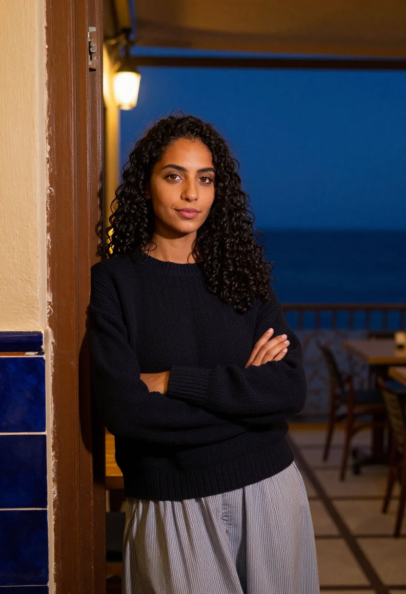 AI model portrait of Rania in a lit café doorway, warm lamplight on one shoulder and cold night on the terrace ahead