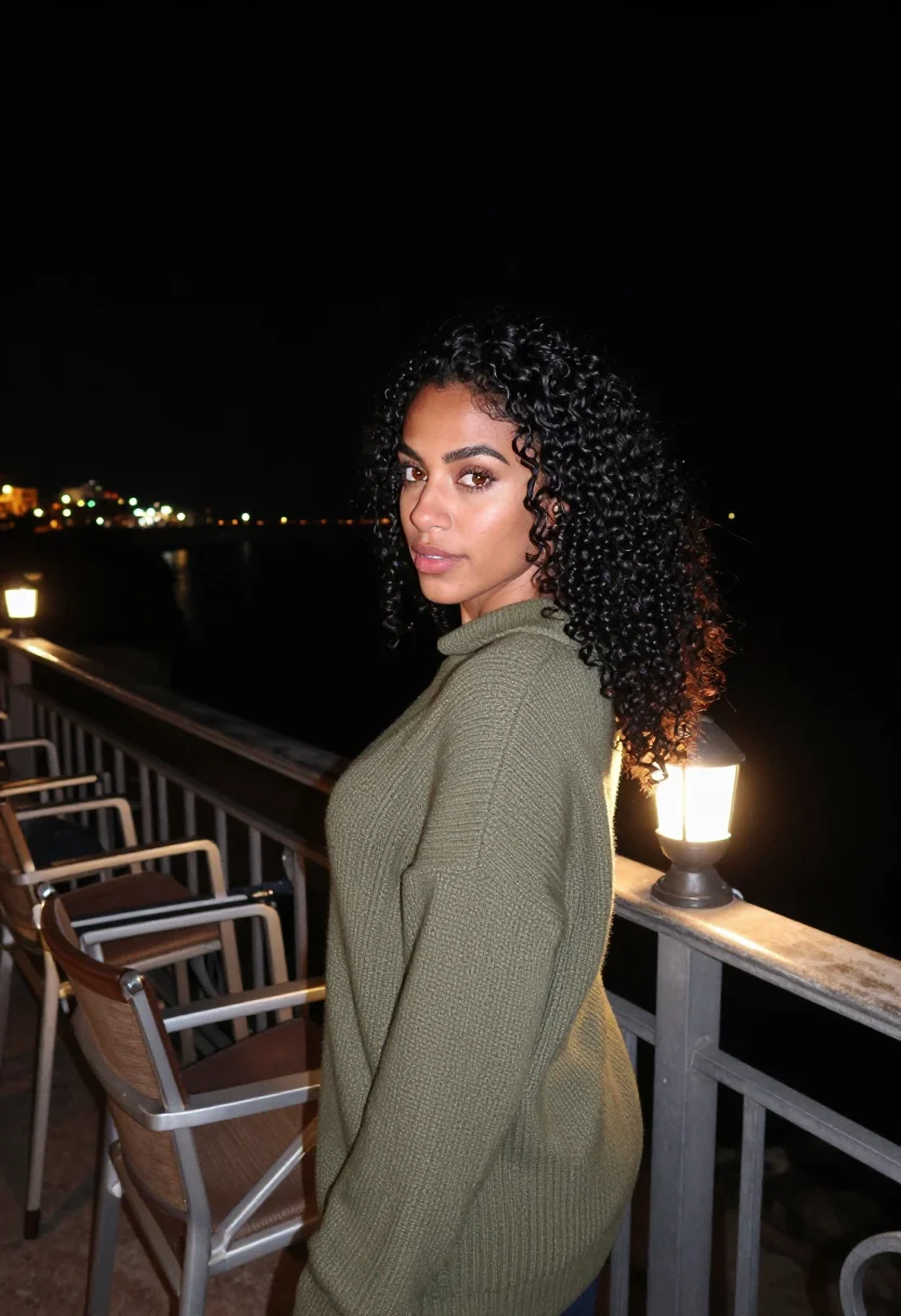 Night AI portrait of Rania at a clifftop terrace rail, a single distant lamp on one side of her face, the strait below