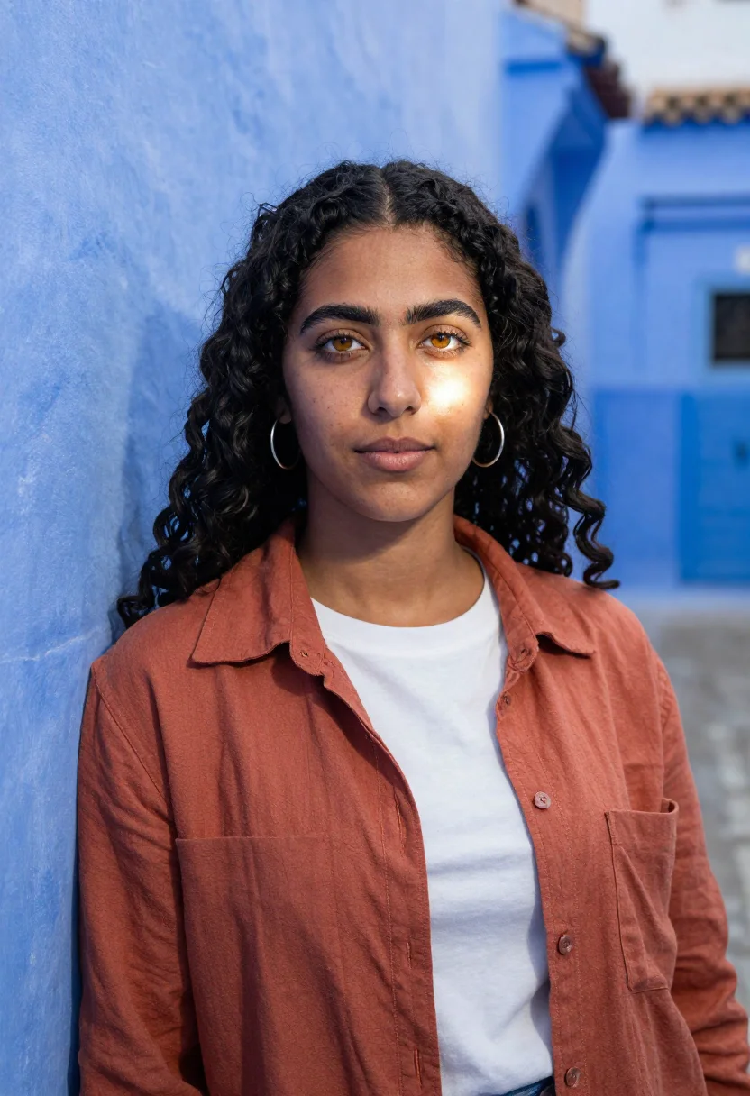 AI model portrait of Rania against a cobalt-washed medina wall, midday sun with cool blue fill bounced off the facing wall