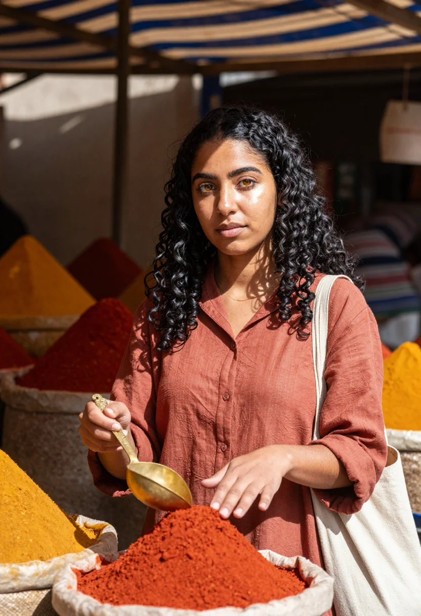 Rania at a spice stall under a striped canopy, hard sun in bars across her shoulders — AI model photoshoot frame