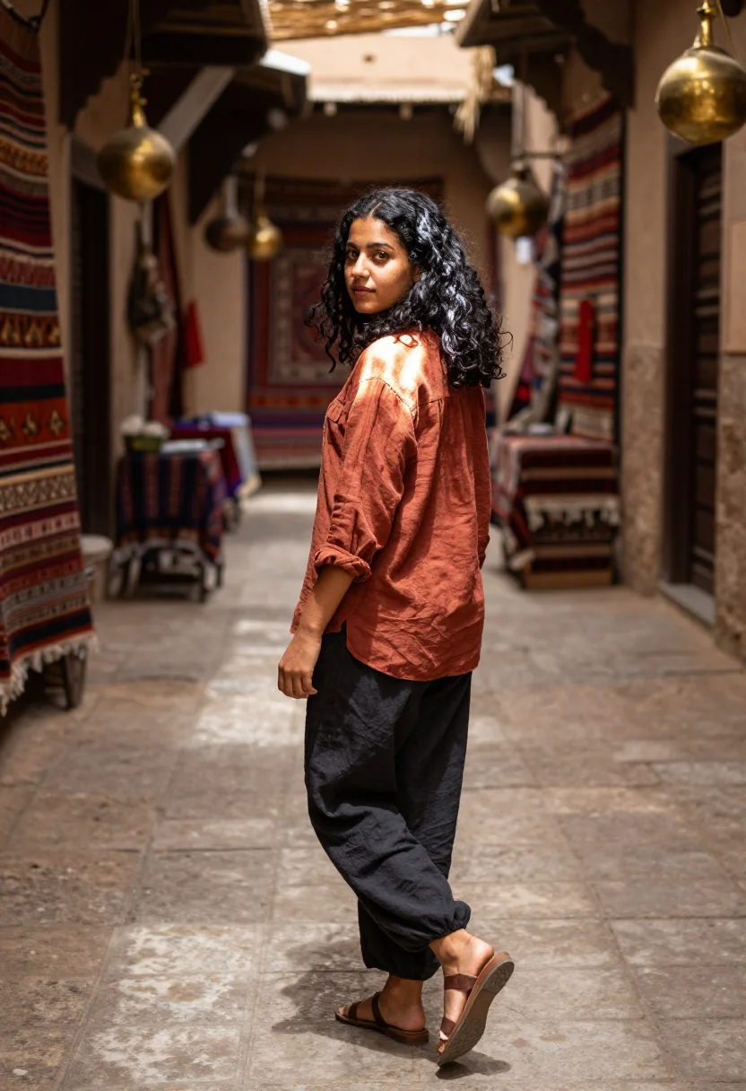 Full-length AI portrait of Rania mid-stride in a covered market lane, light dropping through the reed roof in patches
