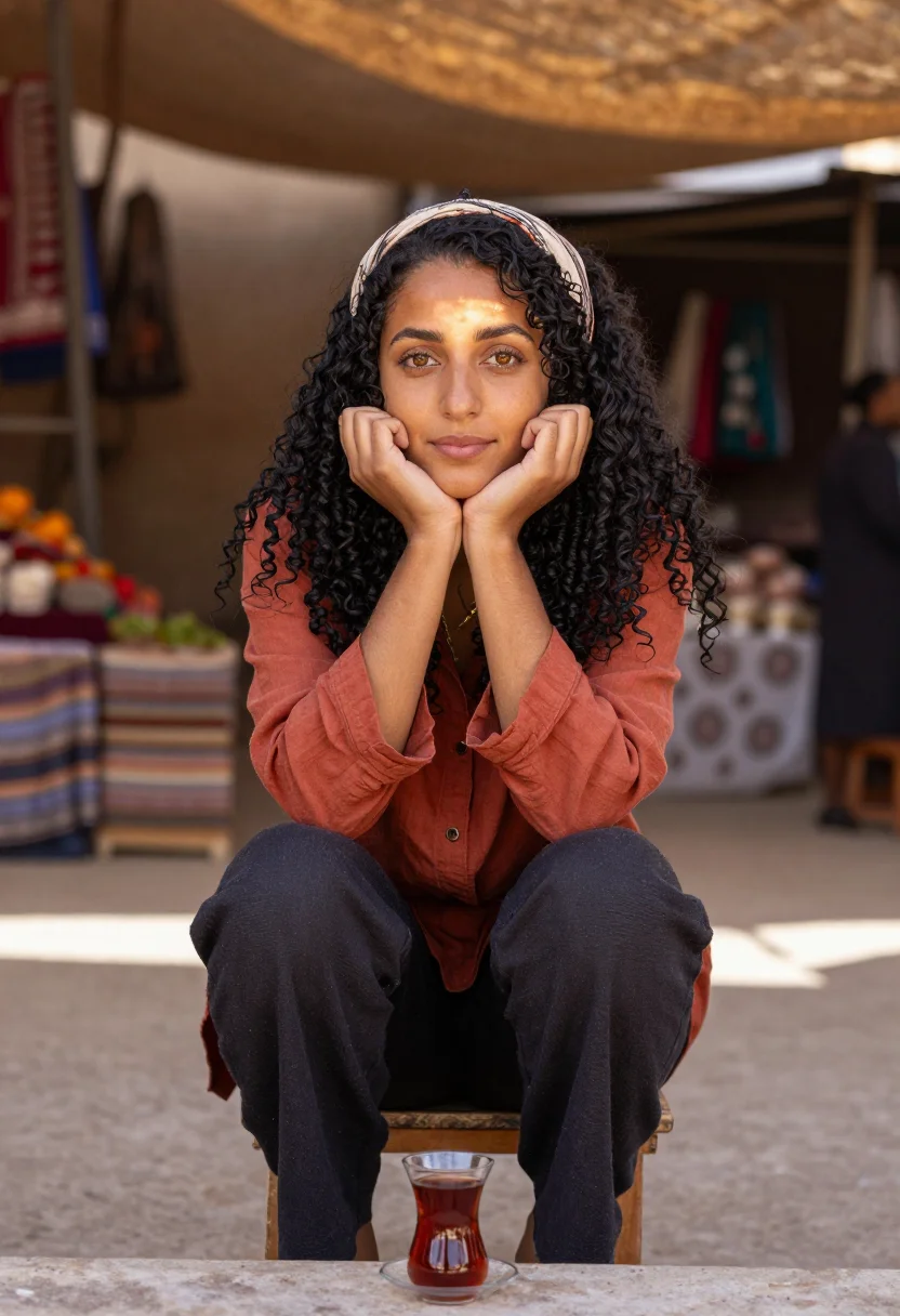 Rania seated on a low stool at the market edge with a glass of tea, AI editorial portrait in softened overhead light