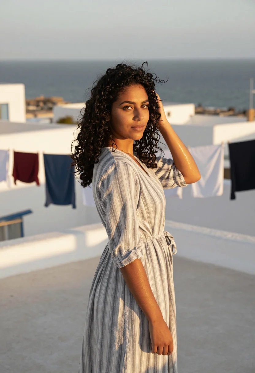 Gold-hour AI model portrait of Rania on a whitewashed roof, wind lifting her curls, drying sheets on the line behind