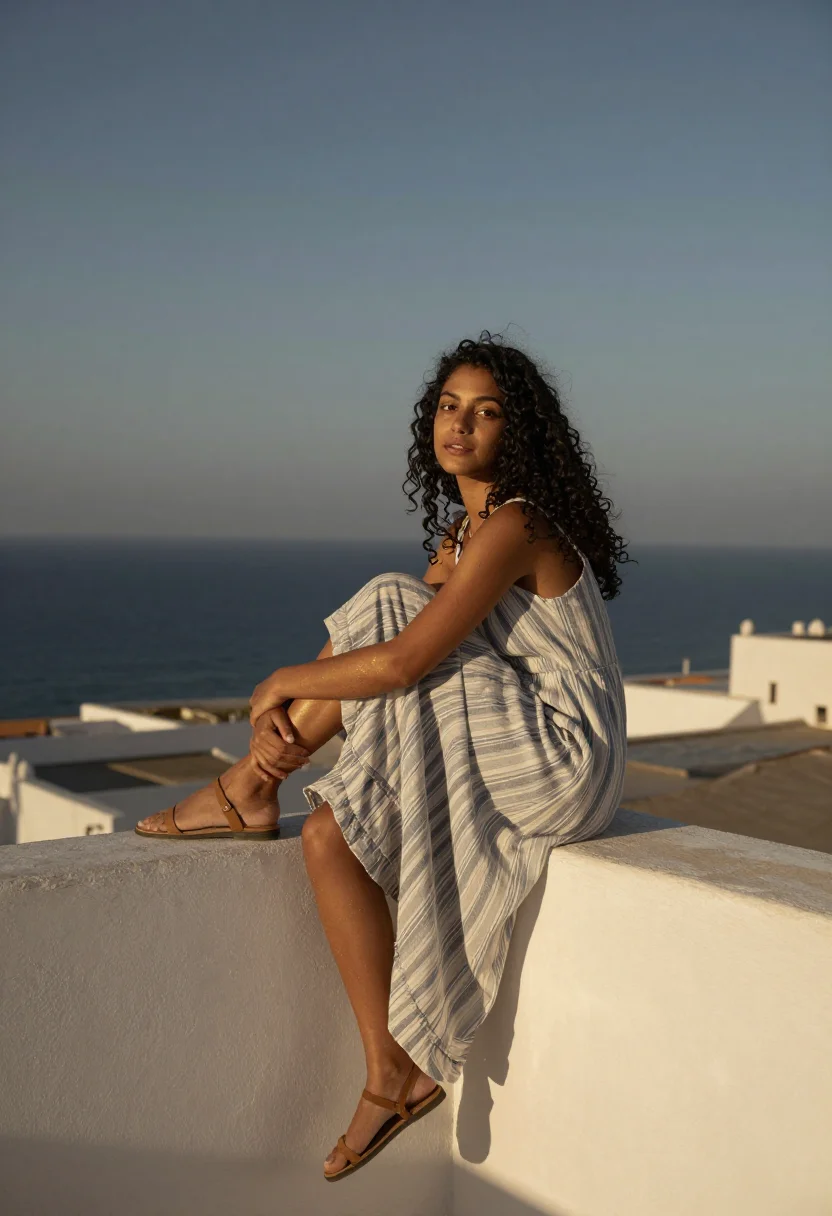 Rania sitting on a roof parapet above the strait with one ankle drawn up, low sun rimming her profile — AI portrait
