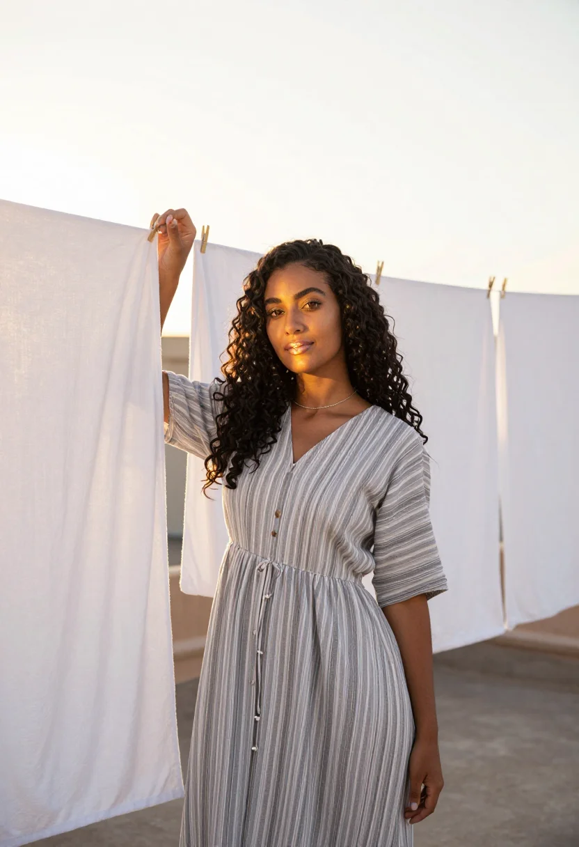 AI portrait of Rania among drying sheets on the roof, the low sun coming through the laundry as a broad warm glow