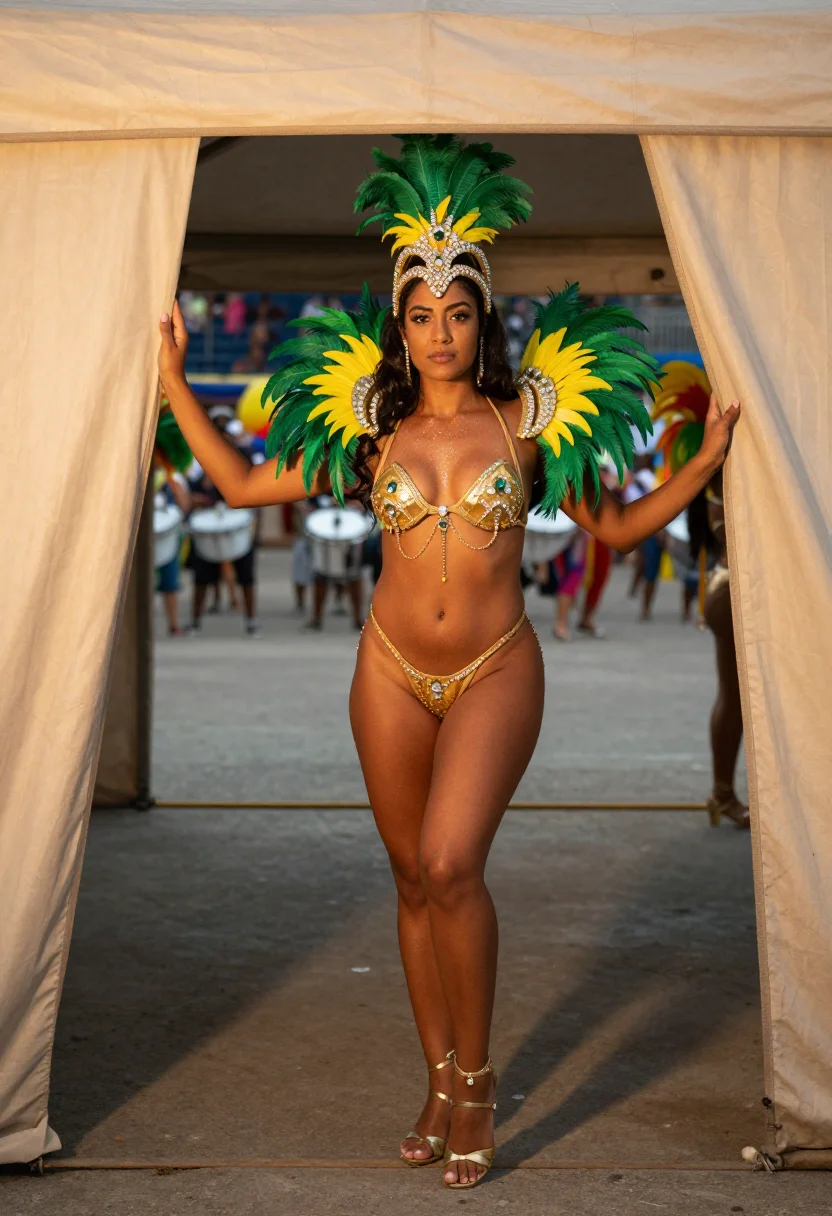 AI passista sample — photograph of a grown woman, Brazilian, with warm golden-bro