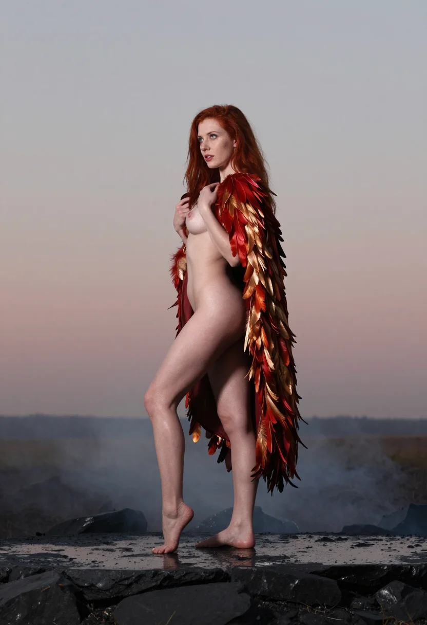 AI phoenix ashes sample — photograph of a grown woman, Western-European, with pale ski