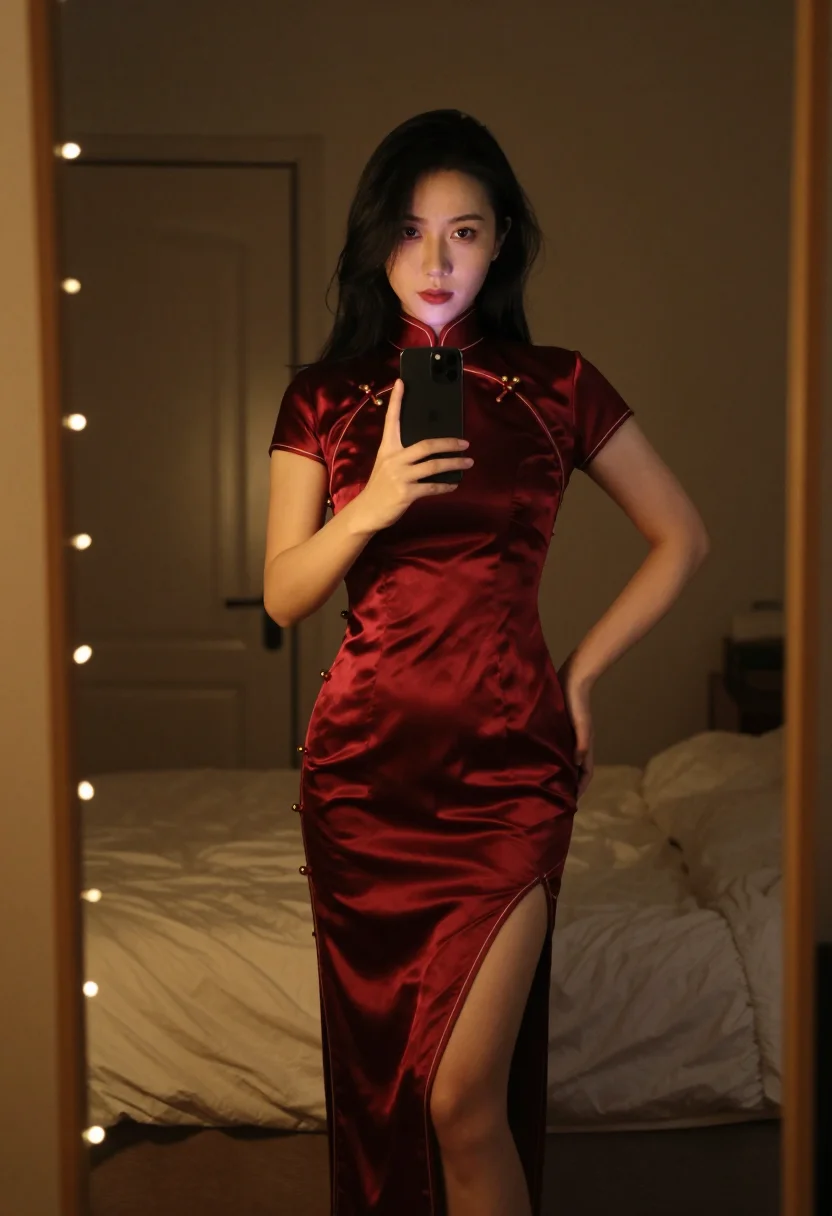 AI qipao mirror selfie sample — photograph of a grown woman, East-Asian, with pale warm skin