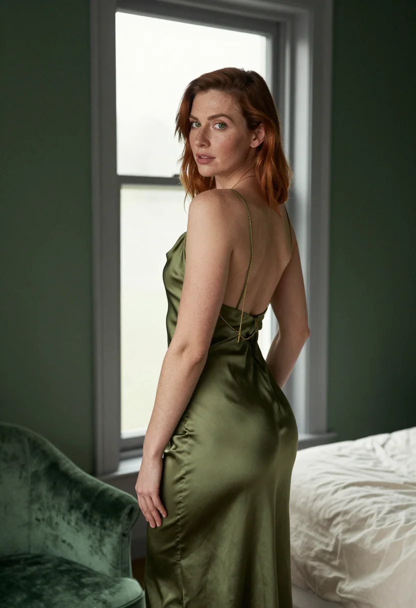 AI redhead sample — portrait of an adult woman, three-quarter-length portrait of