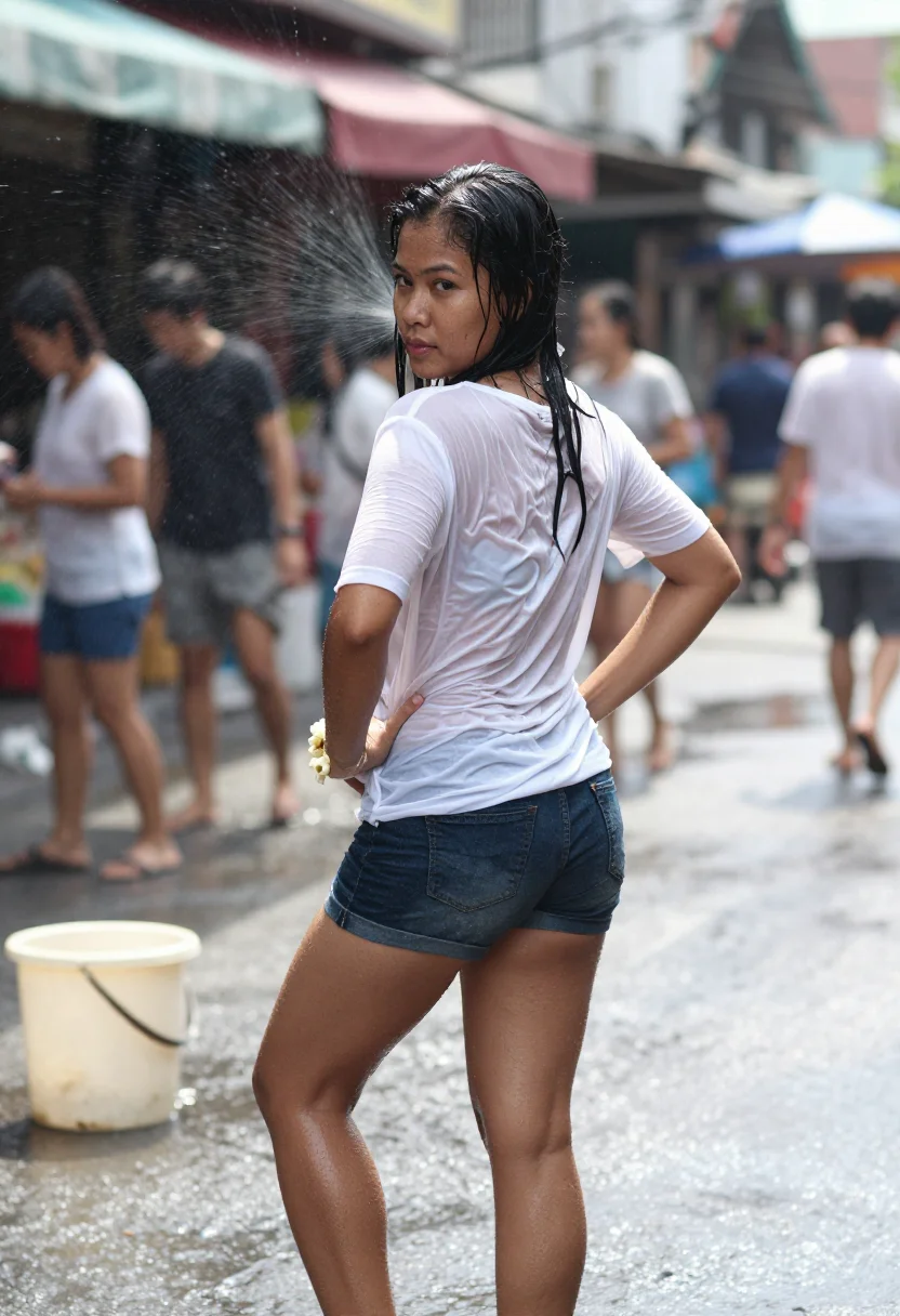 AI songkran sample — photograph of a grown woman, Thai, with warm tan-brown skin,
