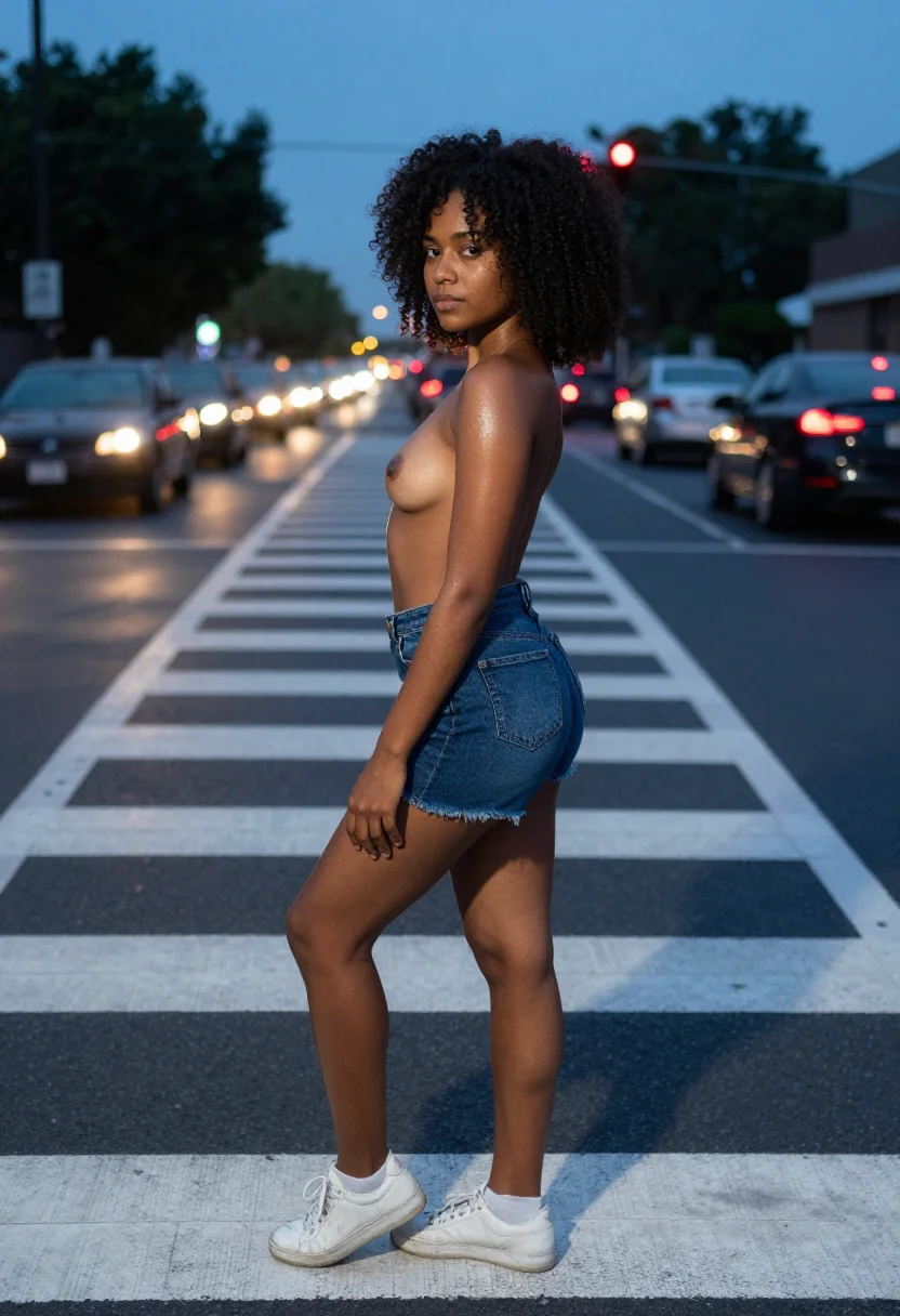 AI street flash sample — candid 35mm street photograph, an Afro-Latina woman with war