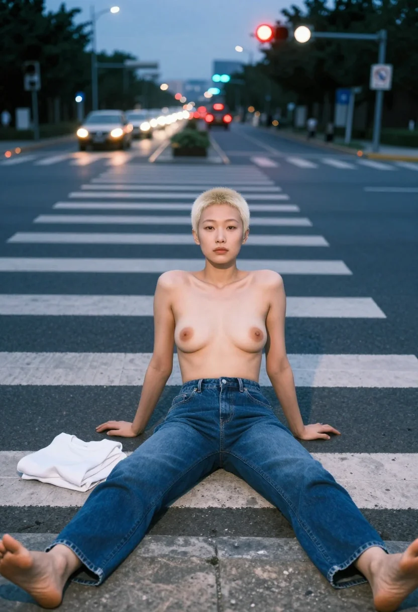AI street flash sample — candid 35mm street photograph, an East-Asian woman with pale